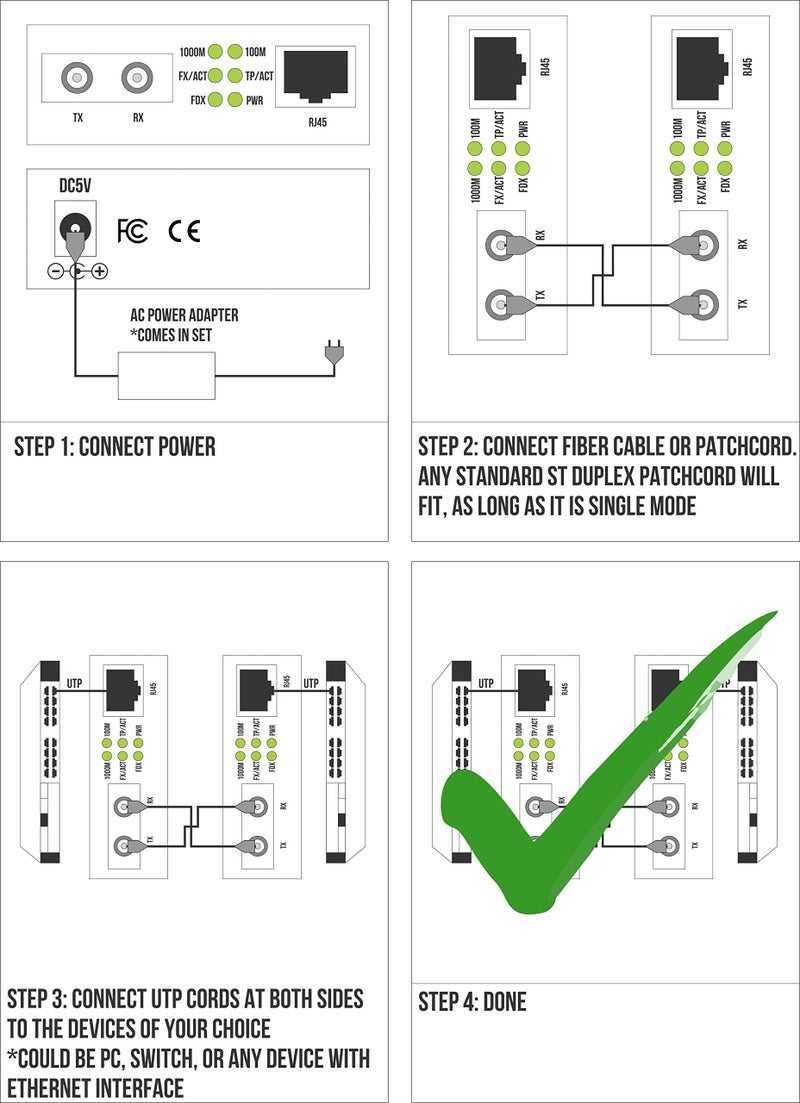ADNET Single Mode ST Gigabit Fiber Media Converter - Built-in Fiber Module 20 km (12.42 Miles) ST â€“ to UTP Cat5e Cat6 10/100/1000 RJ-45 â€“ Auto Sensing Gigabit or Fast Ethernet - Jumbo Frame - LLF Support - Image 5